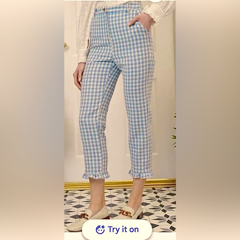 Sister Jane Tweed Trousers Cropped Straight Leg Blue White Gingham Size XS